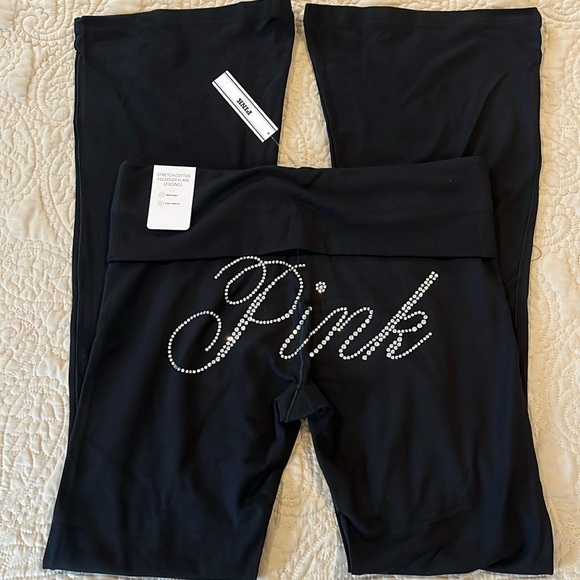 PINK Bling Rhinestone Logo All Day Cotton High Rise Foldover Flare Legging M BLK - Picture 1 of 8
